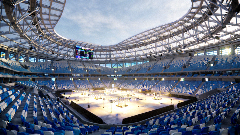 大型体育场馆与体育中心 - 现代化体育馆内观众席与智能照明系统